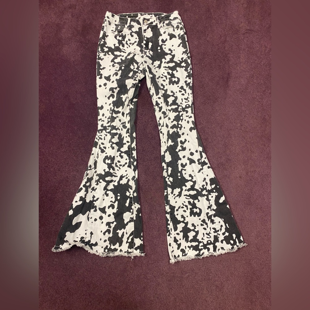 Black and White cow print bell bottom  Women's Pants